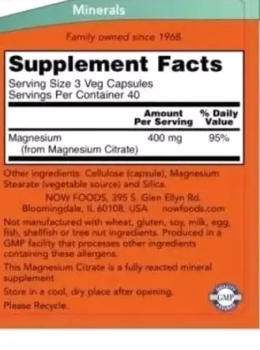 Now Foods Цитрат магния (Magnesium Citrate) 120 вегетарианских капсул: Поддержка