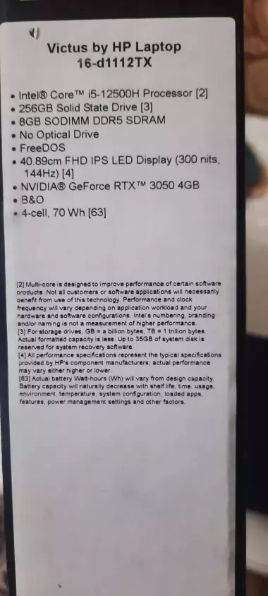 Ноутбук HP Victus i5-12500H DDR5 8 GB SSD 256 GB 16" RTX 3050 4GB