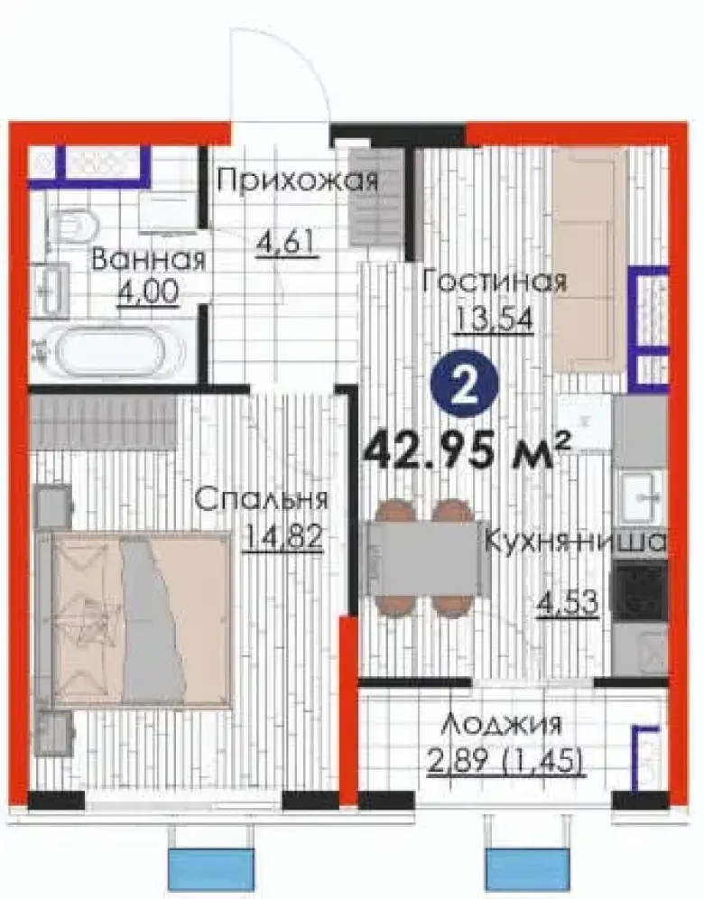 Яшнабад, 2 комн-42.95 м2, корзинка Авиатор ,Ипотека\Рассрочка — 1/7