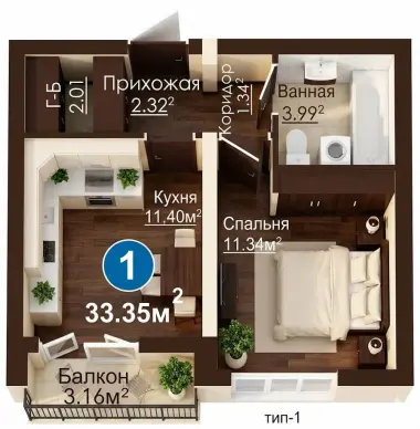 4U на Сайрам: 1 комн.-33,35м2 Первого взнос 20% от 13 761 у.е — 5/5