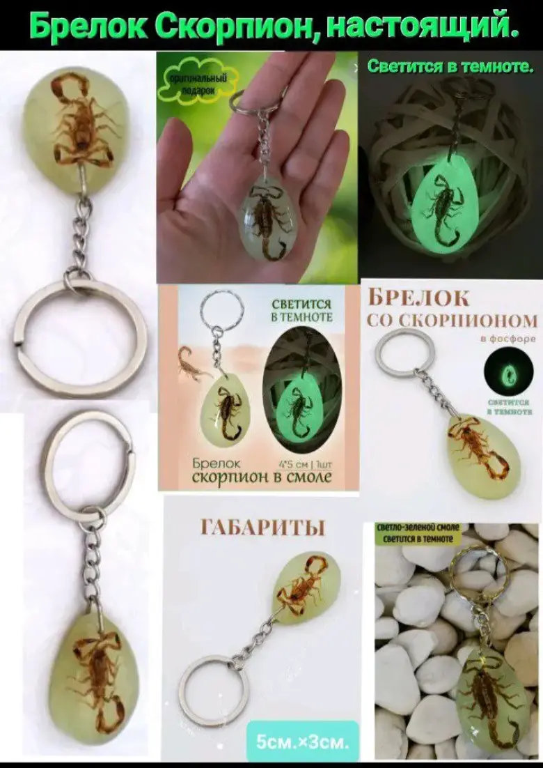 Брелки Скорпион настоящий. Светится в темноте. Новые.Смотрите фото и обьявления — 1/3